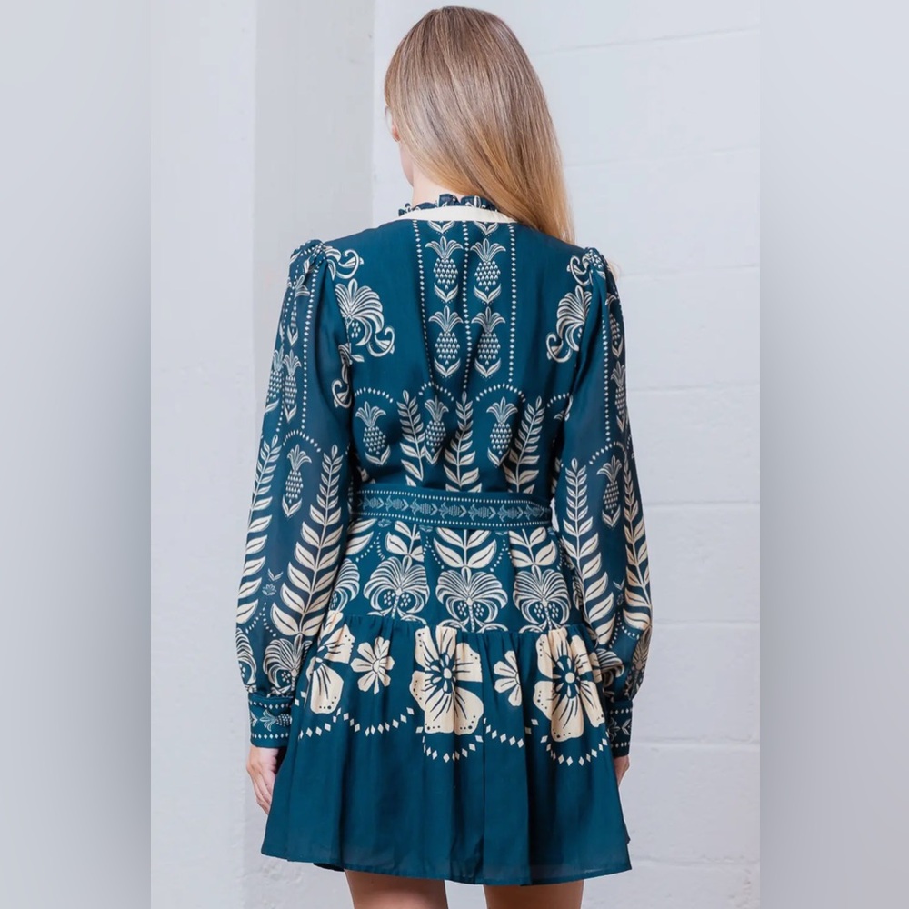 NWT Taelynn Blue Print long sleeve V-neck belted button down Mini Dress - Picture 5 of 6